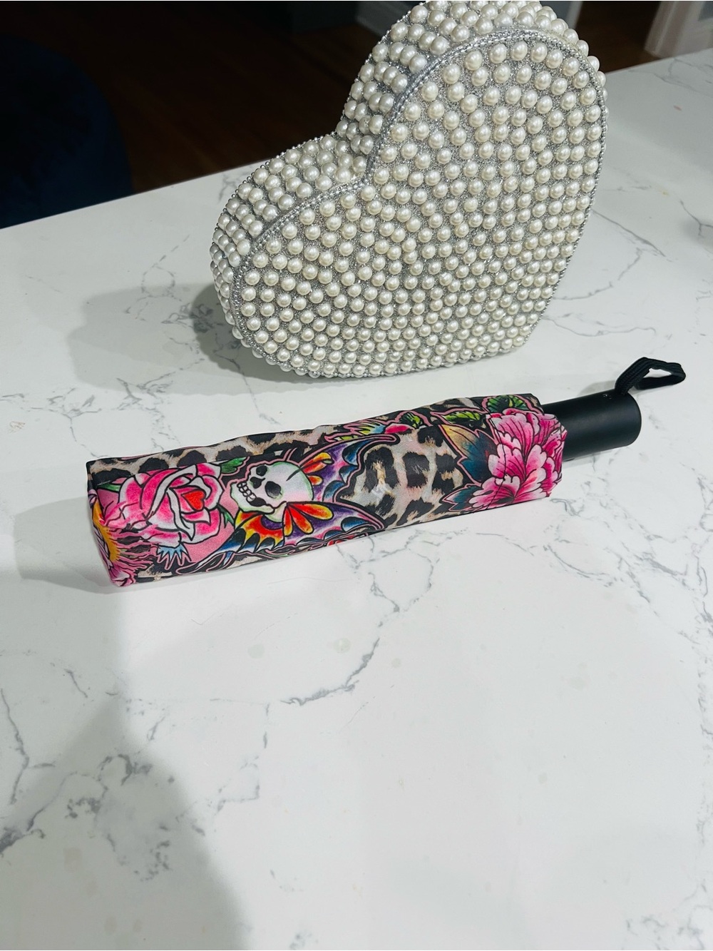 Ed Hardy Floral Skull Print Travel Umbrella - Pink Multicolor